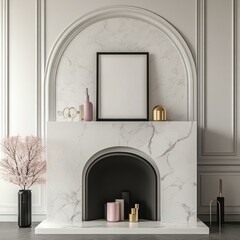 Elegant marble fireplace with arched mantel, pink decor, and black frame mockup.