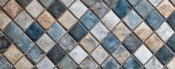 Abstract old aged worn retro vintage mosaic cement ceramic tile floor or wall texture background with sqaure diamond seamless pattern
