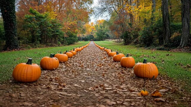 Autumn path lined with pumpkins in vibrant forest setting captures seasonal beauty