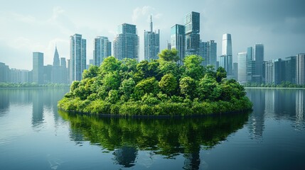 Obraz premium Lush green island in a calm lake with a modern city skyline in the background.