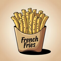 French fries/potato chips in labeled brown cardboard isolated.