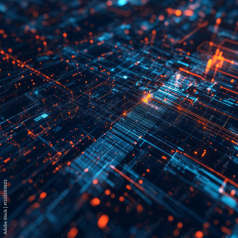 Poster abstract digital data streams with vibrant blue and orange network visualization