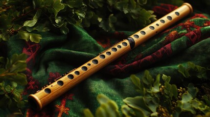 Fototapeta premium Bamboo flute resting on fabric, surrounded by foliage