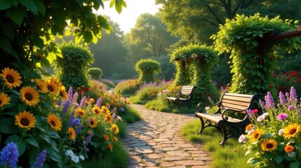 Serene Garden Path with Sunflowers and Benches, Inviting Tranquil Moments Amidst Blooming Flowers and Lush Greenery