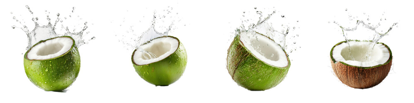Splashing fresh green coconut with water droplets and liquid splashes showcasing the vibrant refreshing and tropical appeal of this exotic fruit