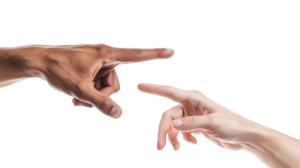 Two hands pointing at each other on transparent background