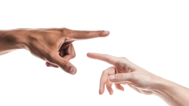 Two hands pointing at each other on transparent background