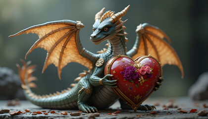 Fototapeta premium a dragon holding a heart shaped box generative ai art
