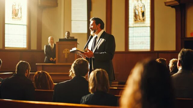 Speaker engages audience in sunlit church interior with stained glass accents