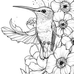 Obraz premium Hummingbird is perched on a flower. The bird is surrounded by pink flowers, which give the image a soft and delicate feel. The bird's wings are spread wide, suggesting a sense of freedom
