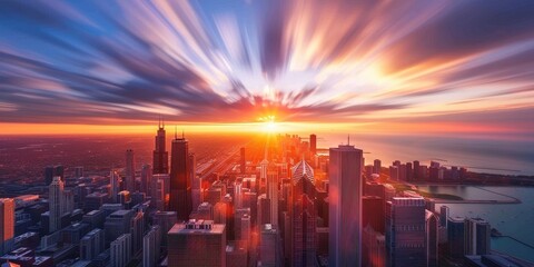 Fototapeta premium Chicago Skyline at Sunrise: A Stunning Cityscape