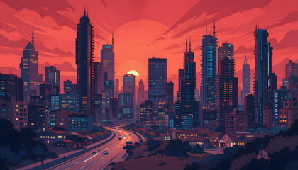 illustration of a modern city with high rise buildings at sunset in red and orange hues generative ai