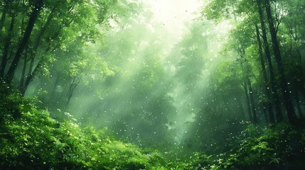 Obraz premium Sunbeams illuminate a misty green forest.