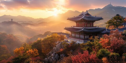 Obraz premium Autumn Sunrise over Korean Temple - Breathtaking Scenery