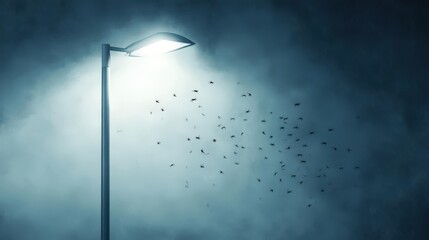 Street Lamp Illuminating Dark Foggy Night with Swarm of Insects