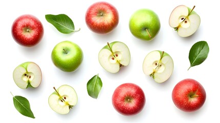 Naklejka premium green and red apples with slices isolated