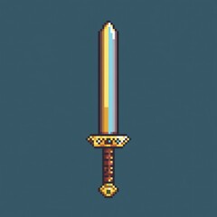 Gaming and esports Flat Art Style Icon. Pixel Art Gold Sword on Blue Background