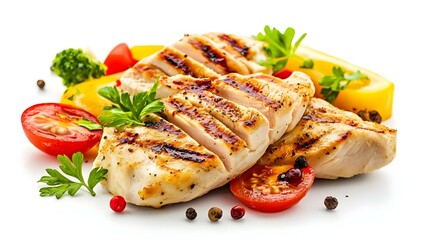 Grilled chicken slices with vegetables isolated