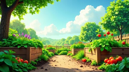 A sunny garden path meanders between raised wooden planter boxes overflowing with vibrant flowers and ripe tomatoes, a picturesque summer scene of bountiful homegrown produce.