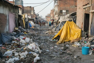 Trash-filled alleyway in impoverished area, showing makeshift tents and dwellings. Depicts the harsh realities of urban poverty and lack of sanitation.