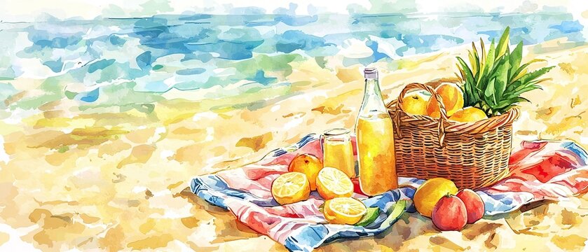A vibrant beach scene featuring a picnic basket filled with fruits, a bottle, and a colorful cloth on sandy shores, evoking a refreshing summer vibe.