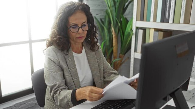 Woman reviewing documents in modern office setting with computer and bookshelf, wearing glasses and business attire, showcasing a focused and professional environment.