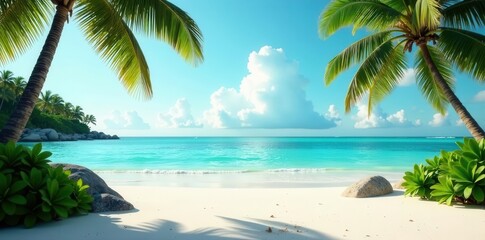 Serene Tropical Beach Scene Azure Waters, White Sand, and Lush Palm Trees Under a Sunny Sky