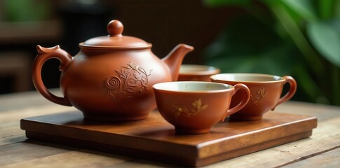 Fototapeta premium Rustic elegance A terracotta teapot and teacups with delicate floral designs, presented on a wooden tray, evoke a sense of tranquility and warmth.