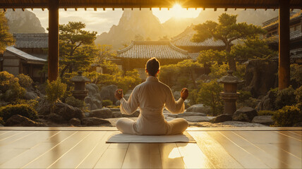 Serene silhouette meditating at traditional Japanese temple veranda overlooking majestic mountain landscape during golden sunrise