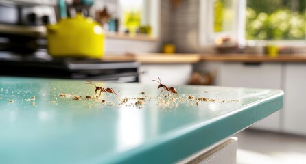 Ants Crawling on Kitchen Countertop Surrounded by Crumbs and Debris