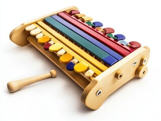 Fototapeta premium Wooden baby xylophone with multicolored keys and mallet on a clean white background