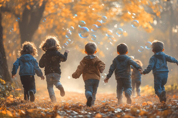 Kids running, autumn park, bubbles, sunlight