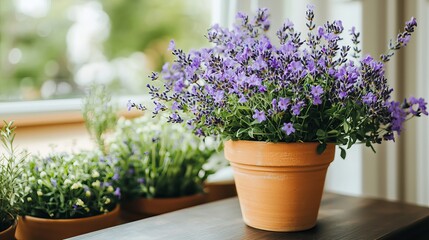 A terracotta pot filled with vibrant purple flowers brightens up the indoor space.