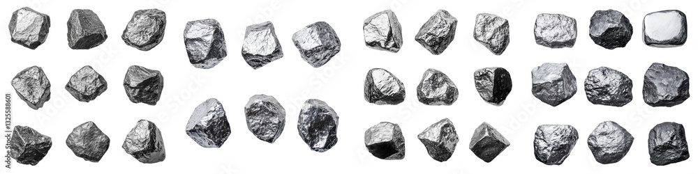 Poster diverse collection of various rugged rock formations boulders pebbles and mineral specimens in monoc