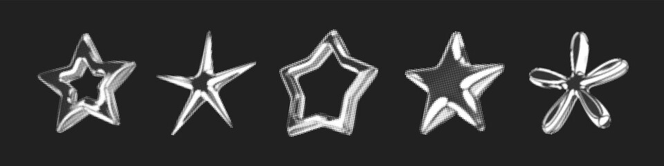 Y2k 3d chrome halftone stars shape retro abstract elements vector illustration set. Chrome silver 3d metallic halftone semitone retro effect collection. Y2k space various star retro futuristic shapes.
