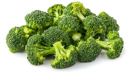 Close-up of fresh broccoli florets on a white
