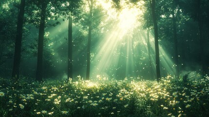 Sunbeams illuminate a mystical forest clearing with wildflowers.