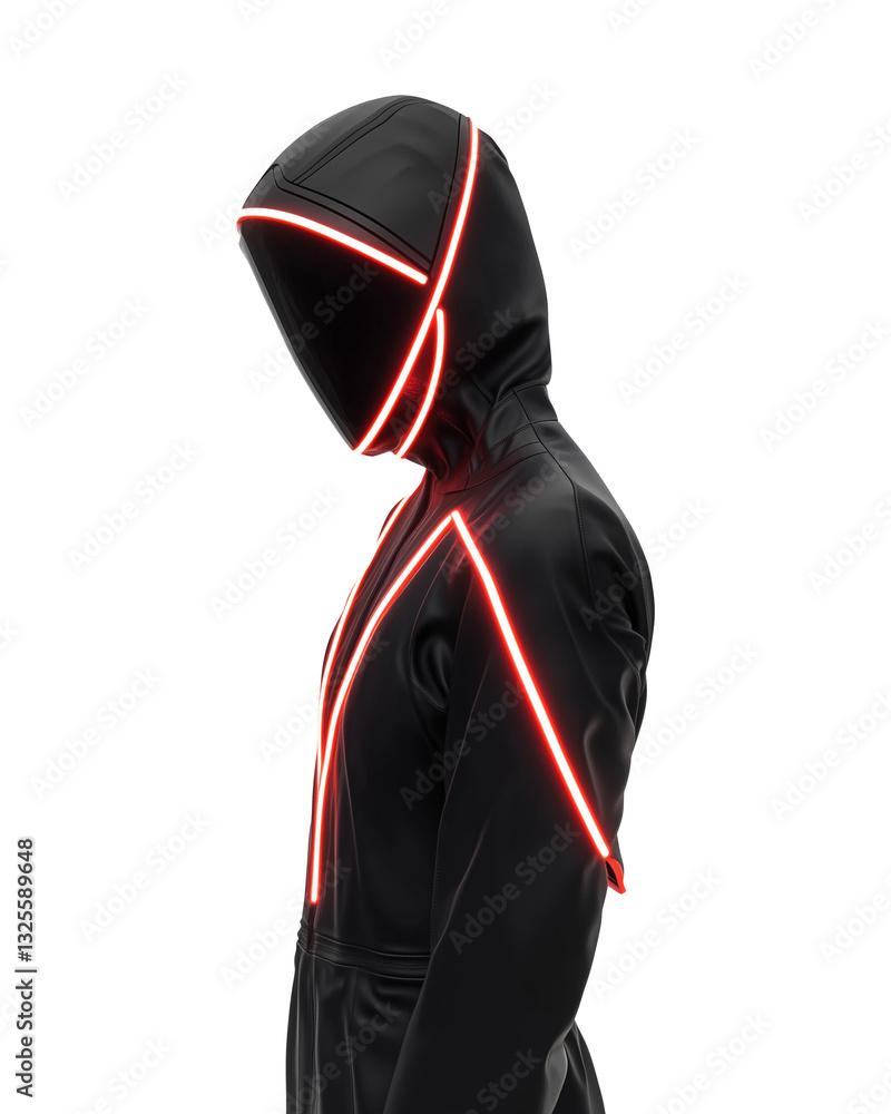 Aufkleber model in futuristic sci fi jumpsuit with sharp angles and glowing red lines, creating sleek and modern appearance. hooded design adds mysterious and edgy vibe