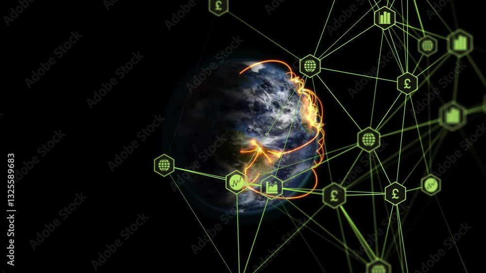 Poster animation of global currency symbols connected with glowing network lines over earth