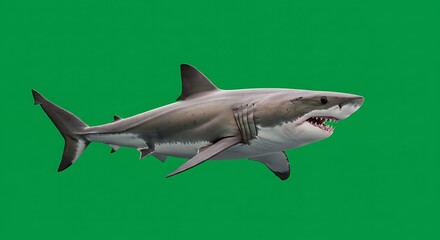 Naklejka premium Great White Shark Swimming Aggressively on Green Screen Ready for Compositing
