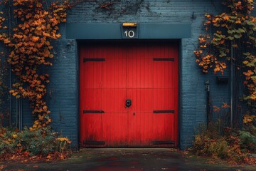 Vibrant red door adorned with autumn leaves at a rustic building in an urban setting