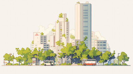 クラシックな色合いの都市の風景｜高層ビルと公園のある都会の風景｜レトロモダンな街並み｜優しい色彩の建築と街の景観｜都市生活を楽しむ人々の風景｜バスやトラムが走る交通インフラ｜公園で憩う人々｜風が吹き抜ける都会の街角