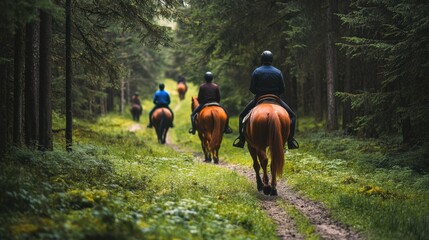 Horse riders on trail through lush forest. Perfect for articles about equestrian activities, nature, and outdoor adventures.