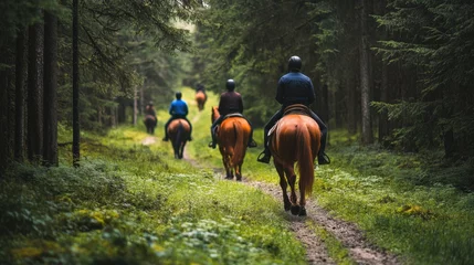 Rolgordijnen zonder boren Horse riders on trail through lush forest. Perfect for articles about equestrian activities, nature, and outdoor adventures. © At My Hat