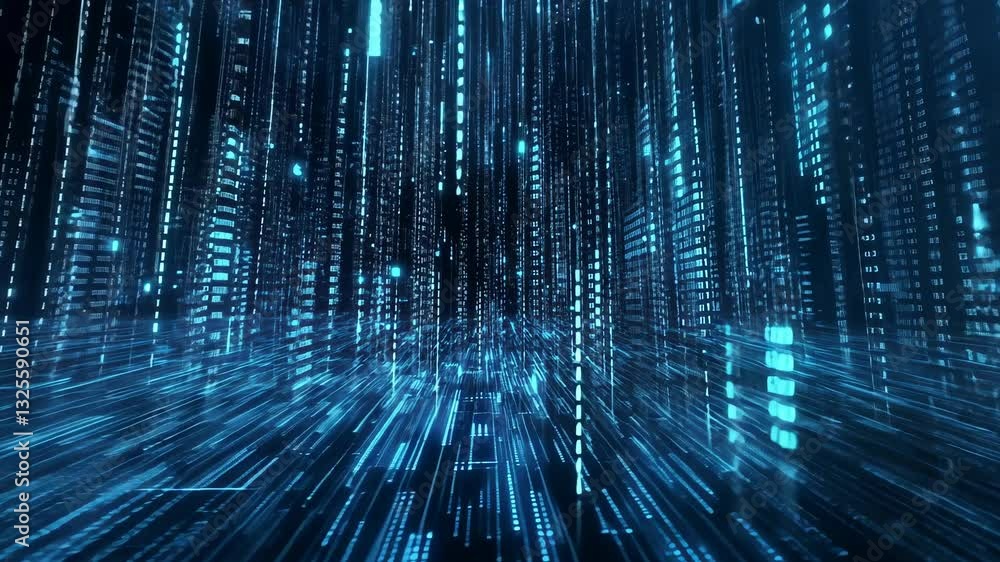 Poster digital data stream flowing through futuristic blue circuitry network