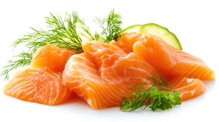 Fresh salmon fillets with dill and cucumber slices on a white background.