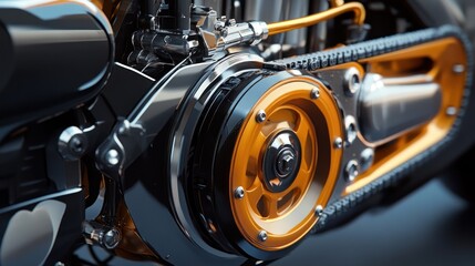 Obraz premium Close-up of a futuristic motorcycle engine with orange accents