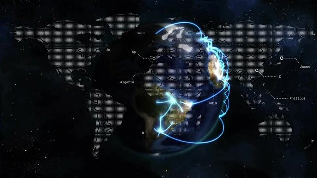 Animation of glowing lines encircling Earth, highlighting global school connections
