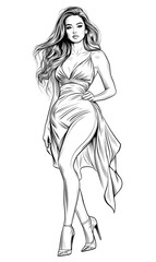 Fototapeta premium Woman in a dress is standing in front of a white background. She is wearing high heels and her dress is long and flowy. Concept of elegance and sophistication