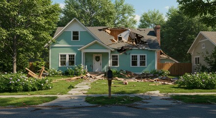"A suburban house with severe roof damage, debris scattered across the yard, suggesting recent destruction or disaster. The scene contrasts peaceful surroundings with sudden chaos."